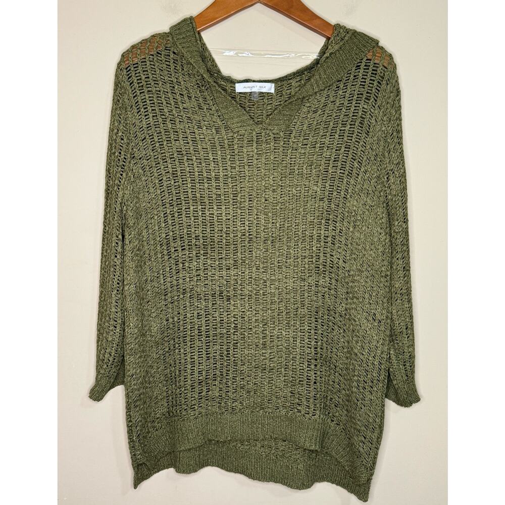 August Silk Open Weave Sweater Womens Large Green Light Top Hood Crop Sleeve